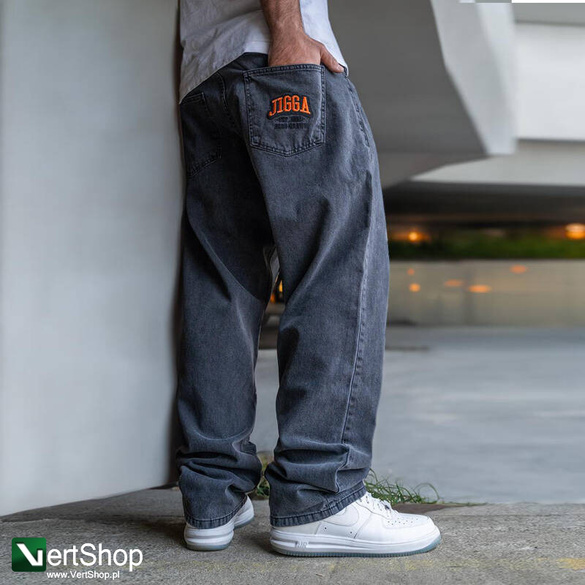 JIGGA WEAR Spodnie Jeansowe Szerokie  Baggy Męskie Czarne Sprane Outline