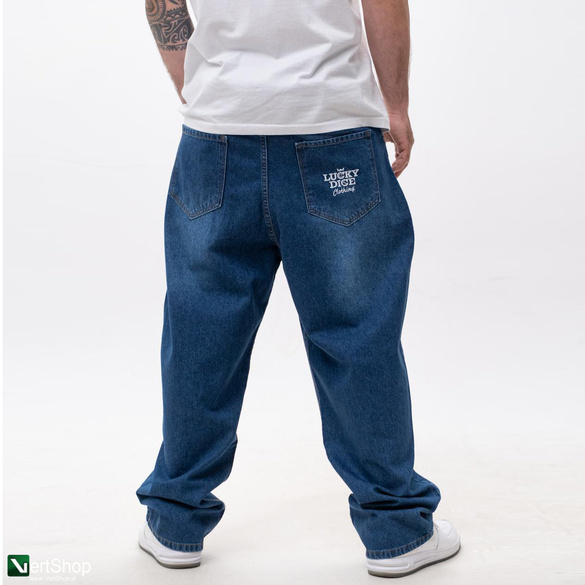 Lucky Dice LD Clothing Spodnie Jeansowe Baggy Męskie Ciemne Niebieskie / Białe