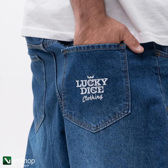 Lucky Dice LD Clothing Spodnie Jeansowe Baggy Męskie Ciemne Niebieskie / Białe