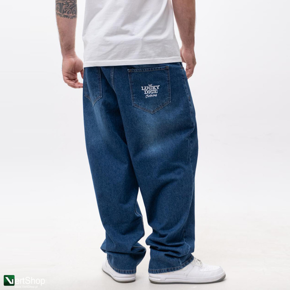 Lucky Dice LD Clothing Spodnie Jeansowe Baggy Męskie Ciemne Niebieskie / Białe